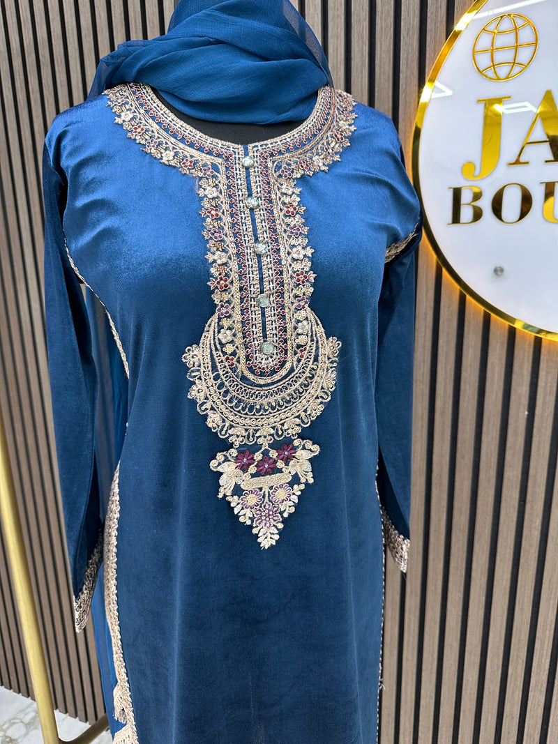 Winter blue Velvet silk 3pc suit