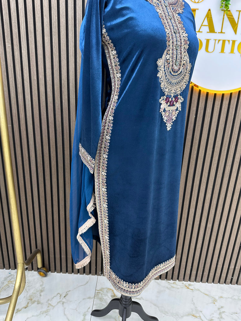 Winter blue Velvet silk 3pc suit